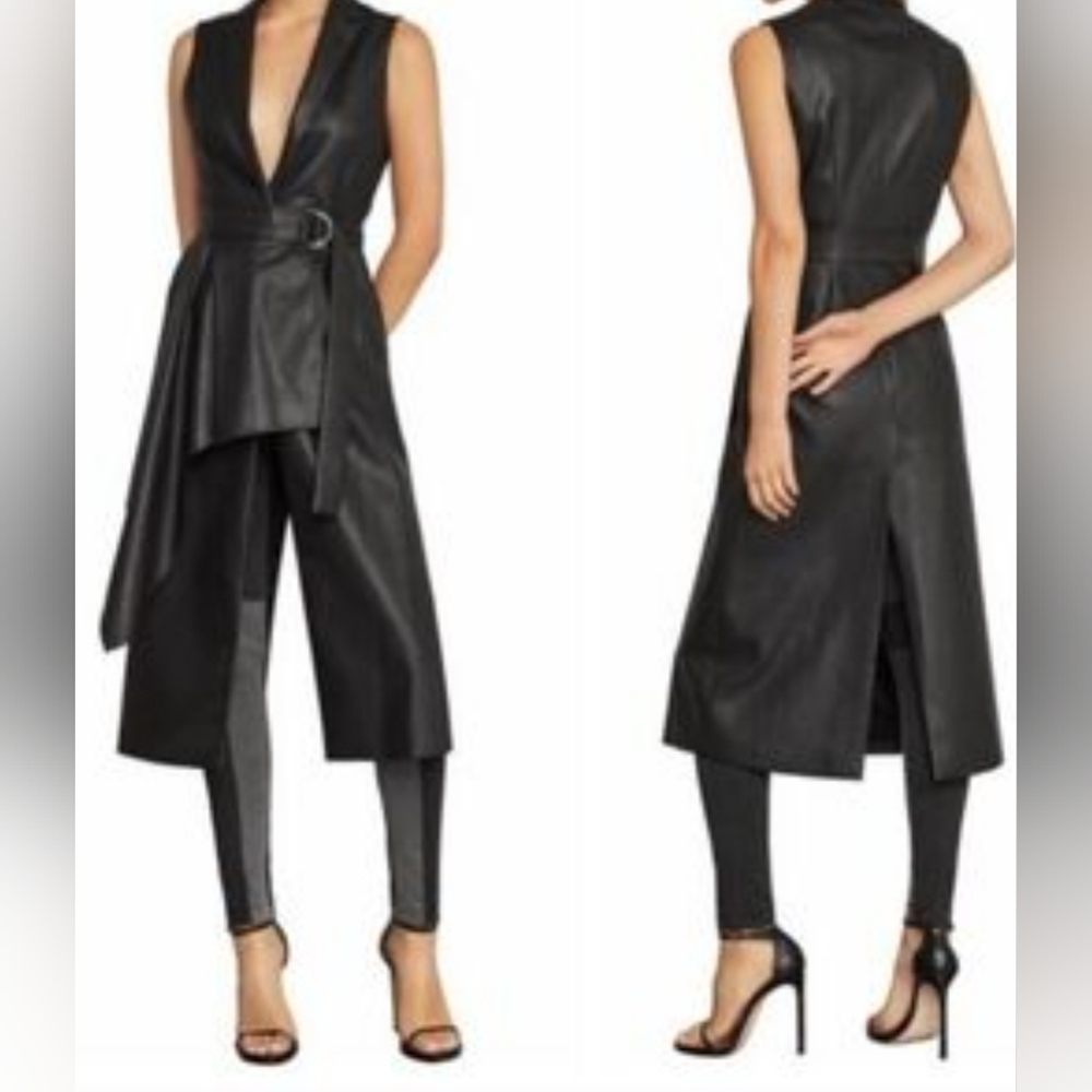 BCBG Maxazria Faux Leather Belted Long Vest XXS